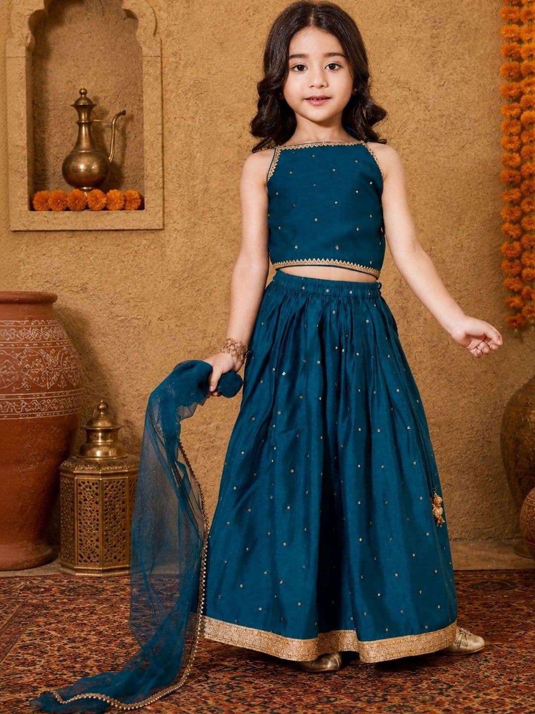VIKRI By Khushboo Parekh Girls Embellished Ready to Wear Lehenga & Blouse With Dupatta - view 1