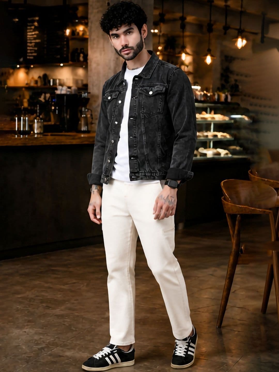 White leapard Men Washed Outdoor Denim Jacket - view 1