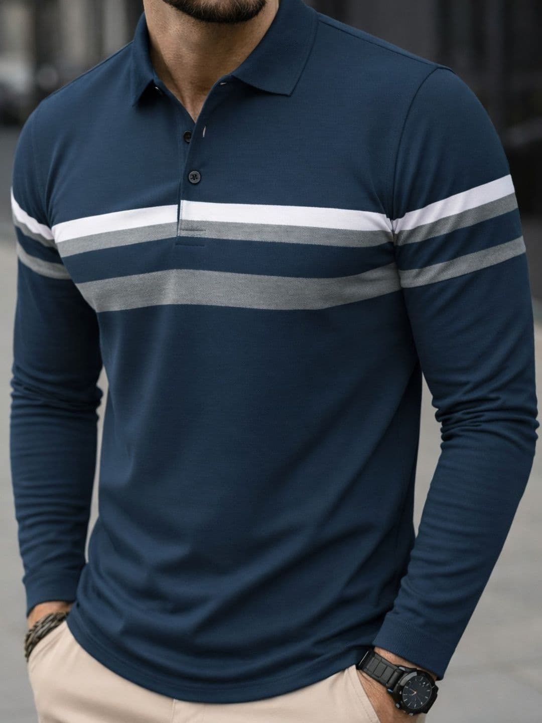 PATOIS Men Striped Polo Collar T-shirt - view 1