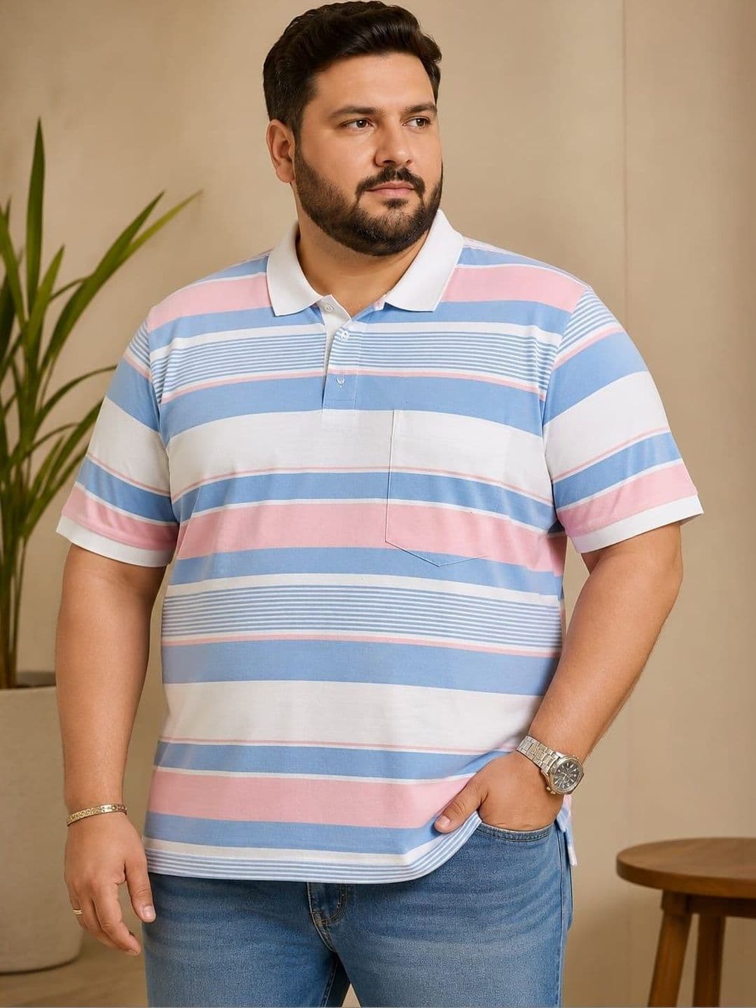 AUSTIVO Men Striped Polo Collar Pockets T-shirt - view 1