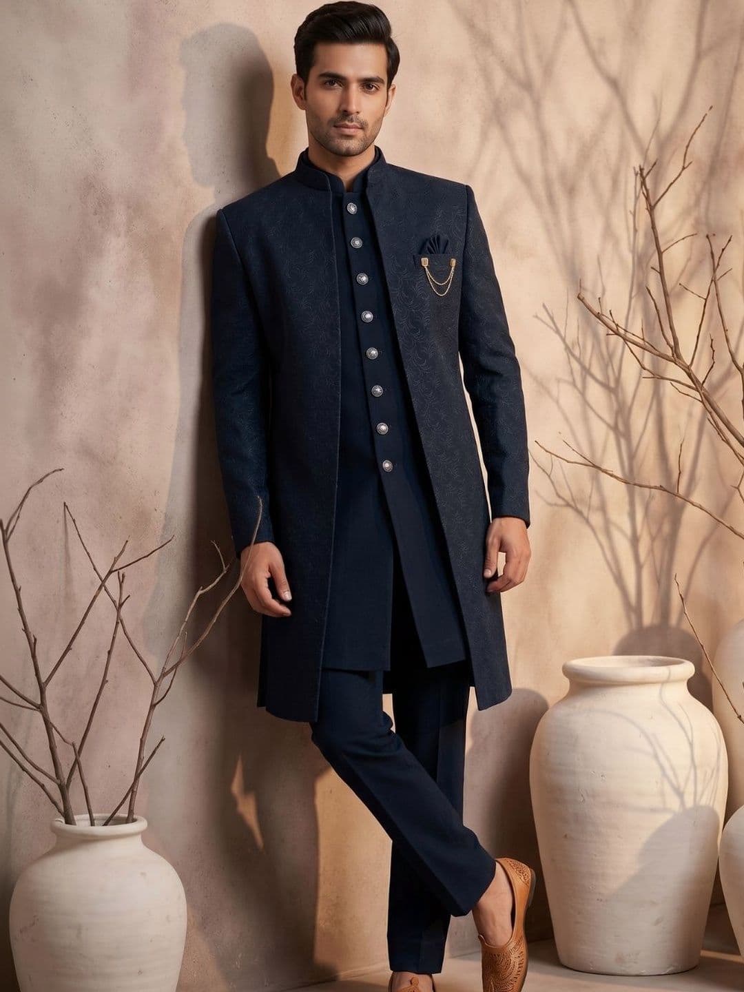 TRIANGLE Self-Design Mandarin Collar Sherwani Set - view 1