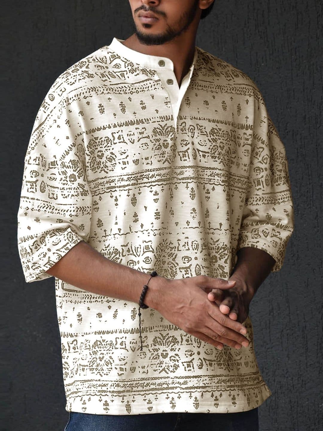 Eyebogler Men Printed Mandarin Collar Drop-Shoulder Sleeves T-shirt - view 1