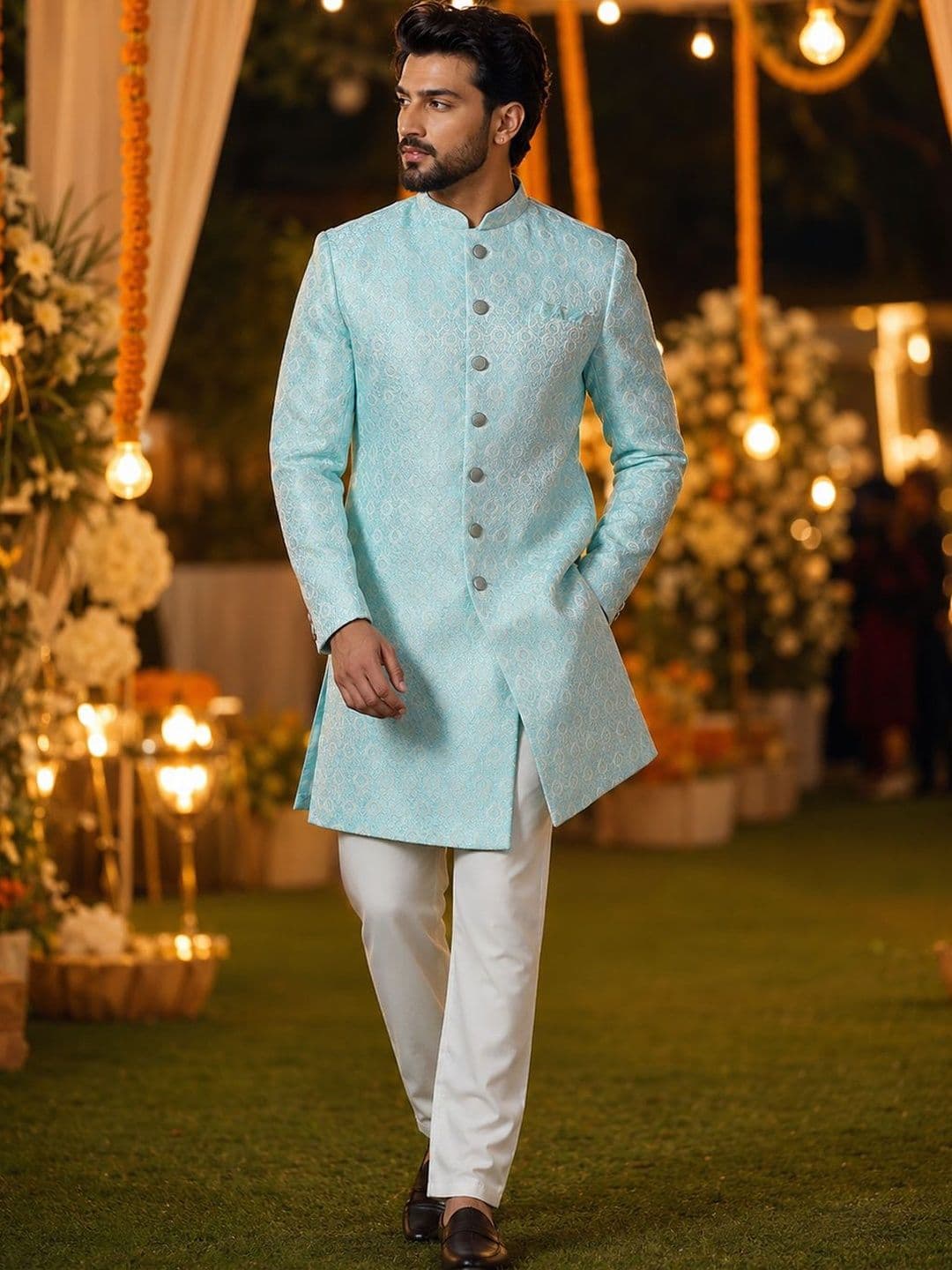 SOURAGYA Men Self Design Mandarin Collar Sherwani - view 1