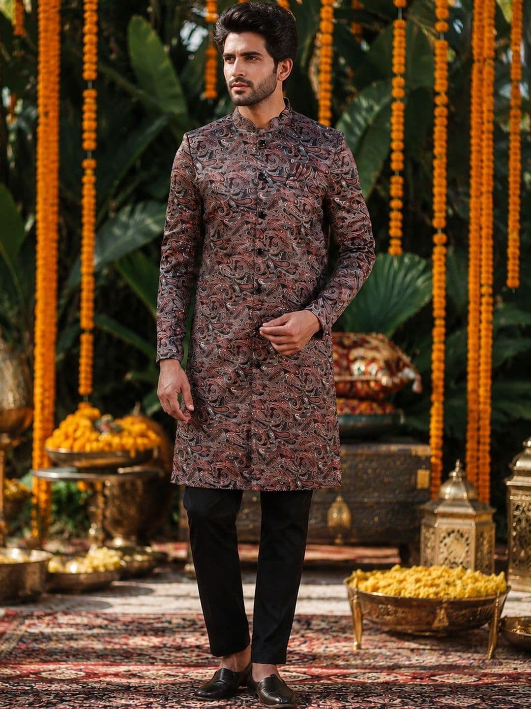 SOURAGYA Printed Mandarin Collar Sherwani - view 1