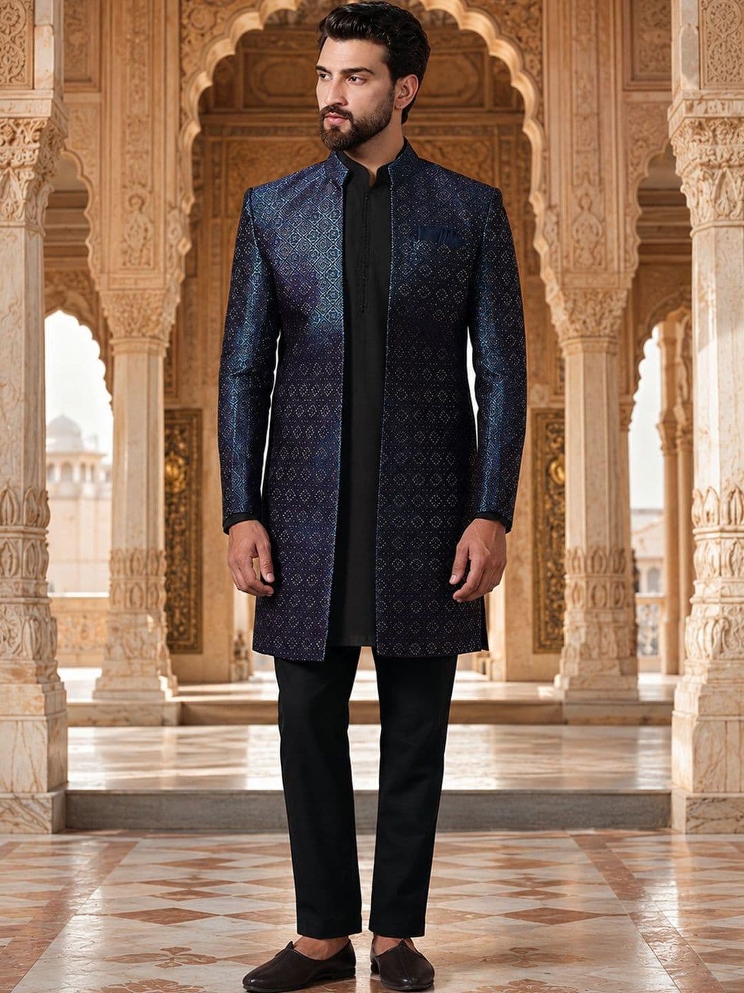 SOURAGYA Self Design Mandarin Collar Sherwani - view 1