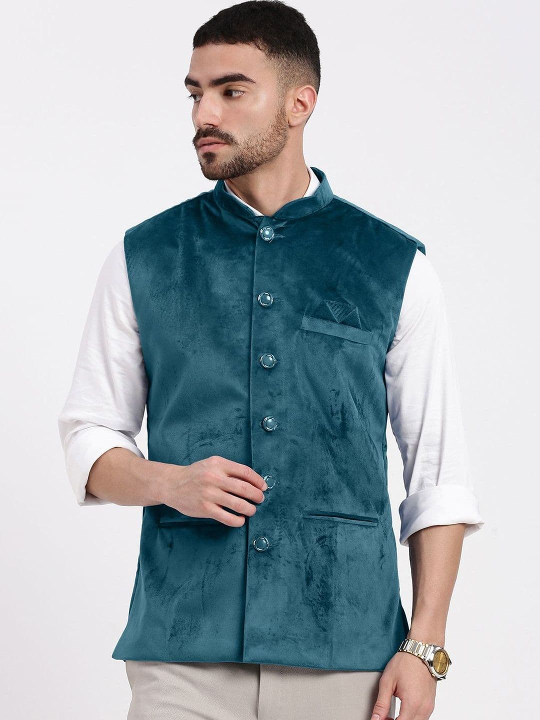 SHOWOFFFF Velvet Mandarin Collar Nehru Jacket - view 1