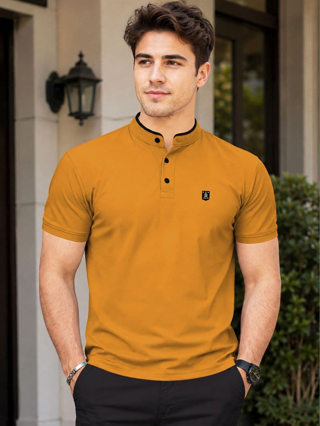 VeBNoR Men Solid Mandarin Collar Casual T-shirt - view 1