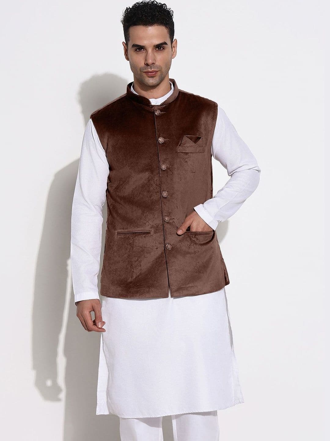 SHOWOFFFF Velvet Mandarin Collar Nehru Jacket - view 1