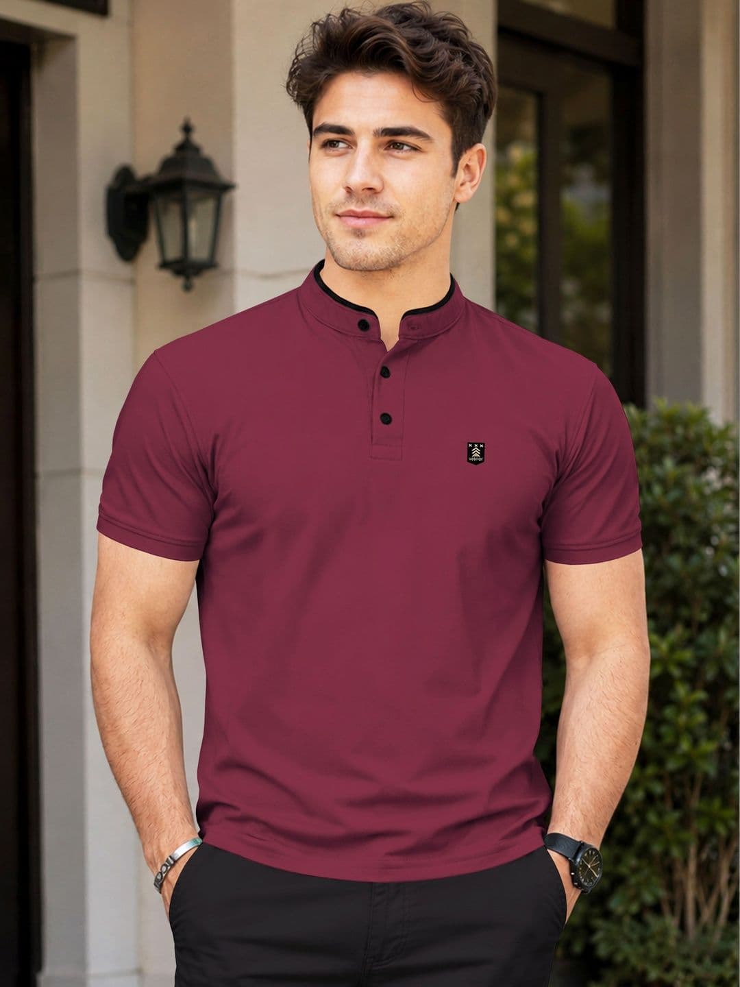 VeBNoR Men Mandarin Collar T-shirt - view 1