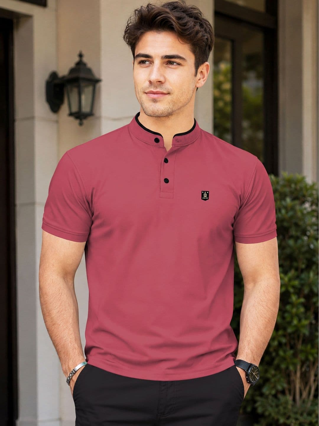 VeBNoR Men Solid Mandarin Collar Casual T-shirt - view 1