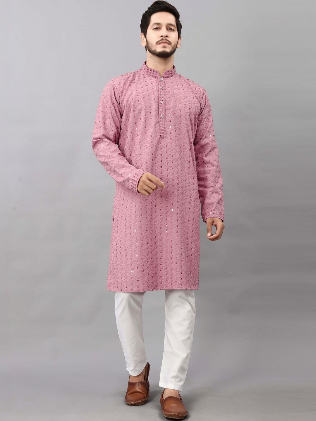 lucknowi Men Sequinned Handloom Kurta - view 1