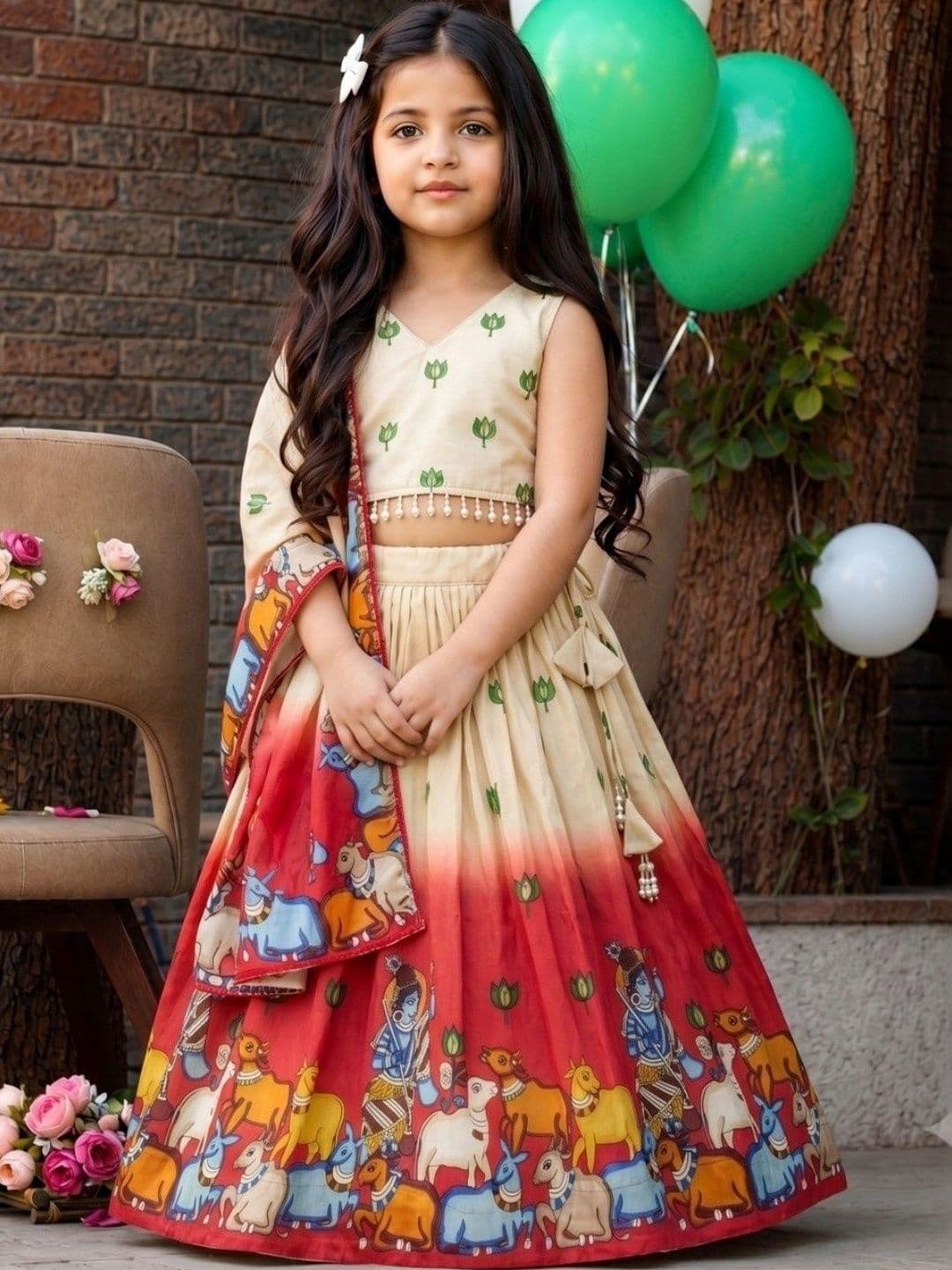 Sangria Girls Printed Mukaish Tie and Dye Ready to Wear Lehenga & Blouse With Dupatta - view 1