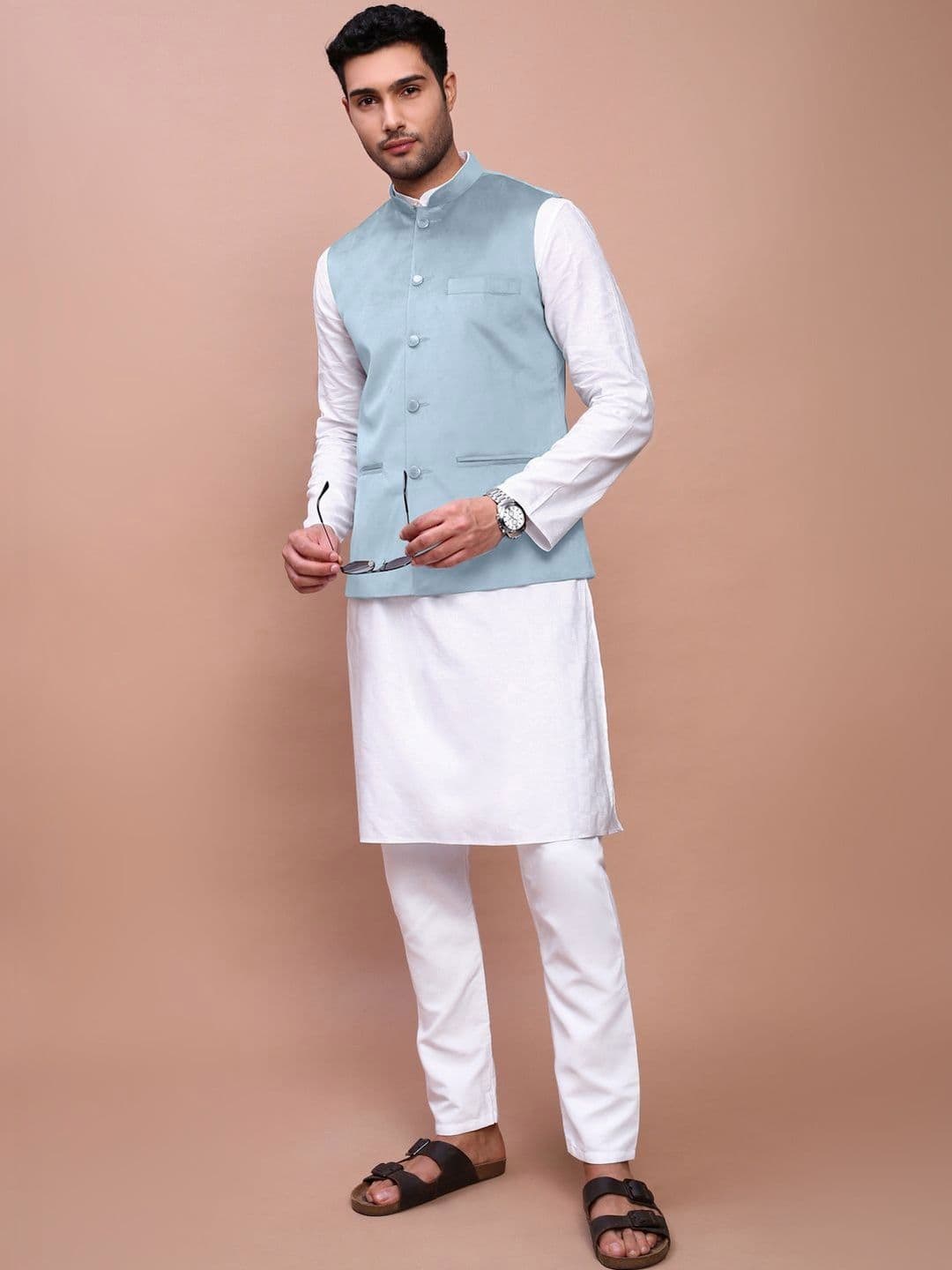 SHOWOFFFF Velvet Mandarin Collar Nehru Jacket - view 1
