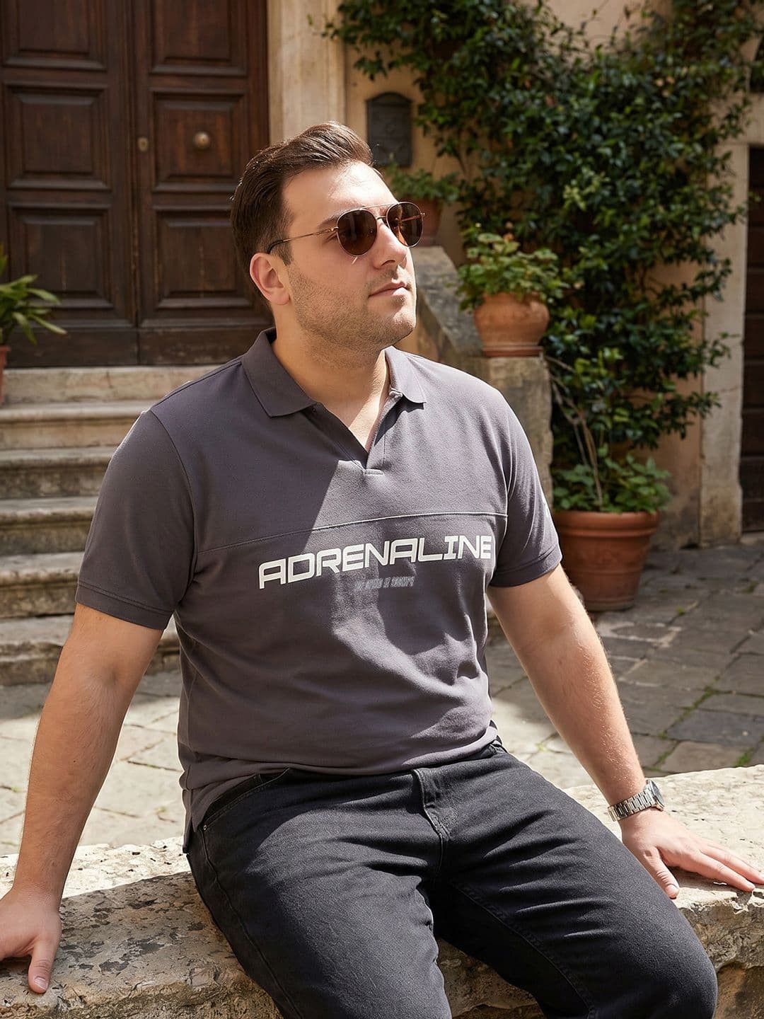 Sztori Plus Size Typography Printed Polo Collar T-shirt - view 1