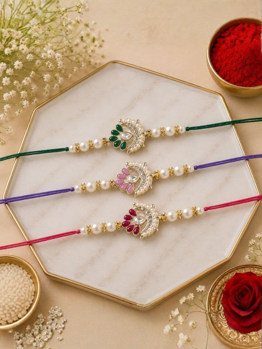 I Jewels Set Of 3 Kundan & Pearl Thread Rakhis With Roli Chawal & Rakshabandhan Card - view 1