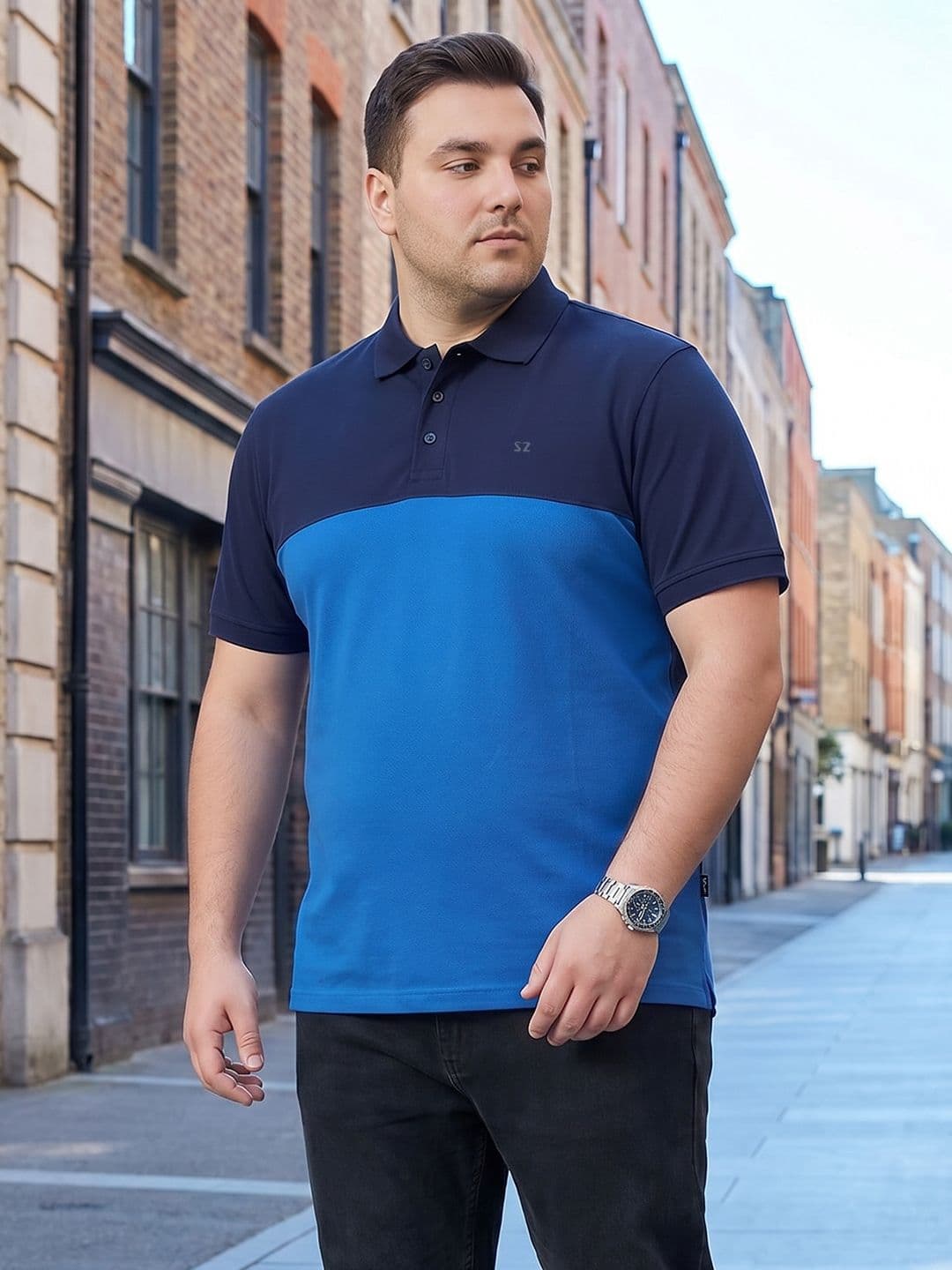 Sztori Plus Size Colourblocked Polo Collar Pure Cotton T-shirt - view 1