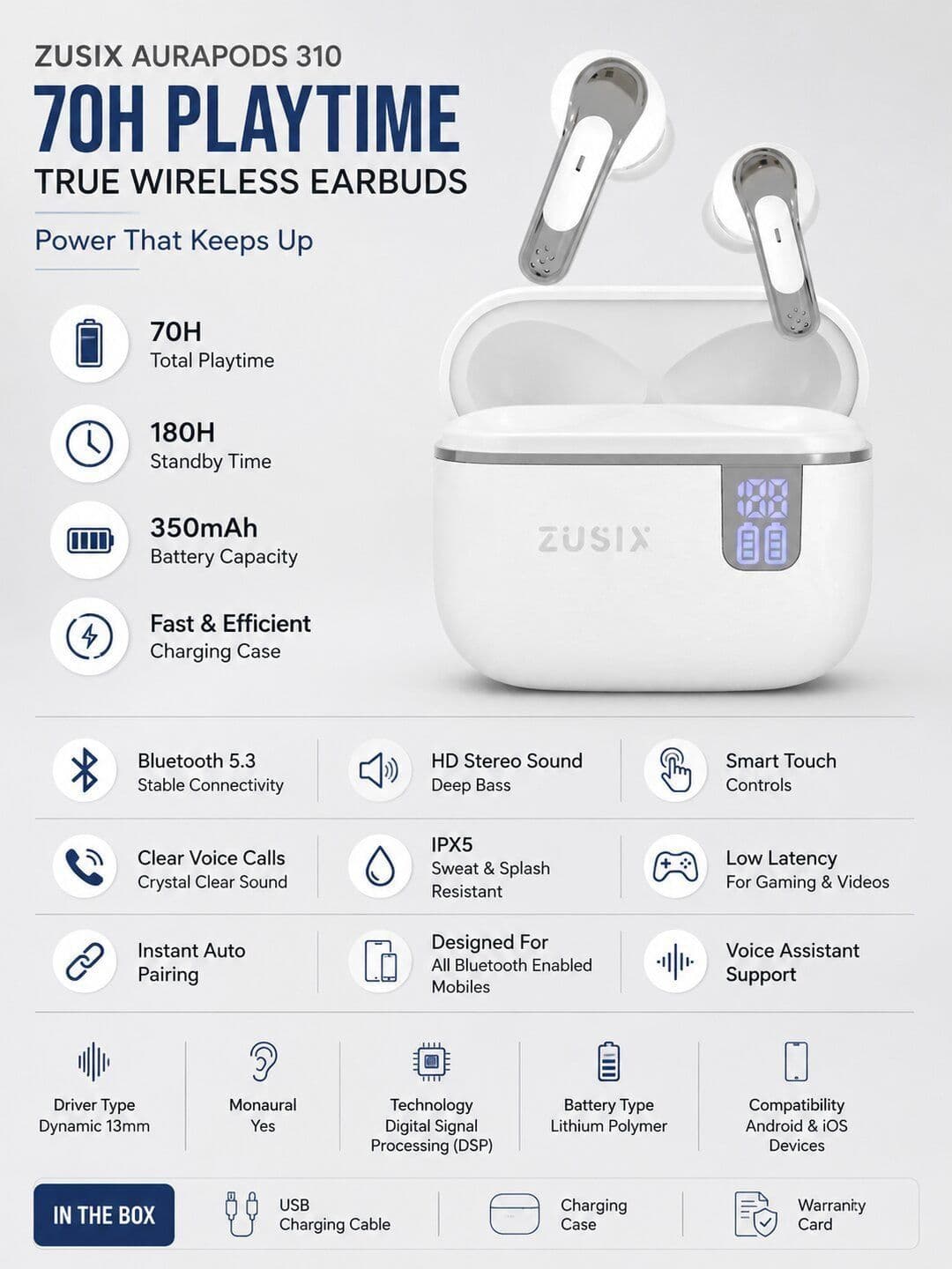 zusix AuraPods 310 Truly Wireless Earbuds with 70H Playtime- Deep Bass & Digital Display - view 1