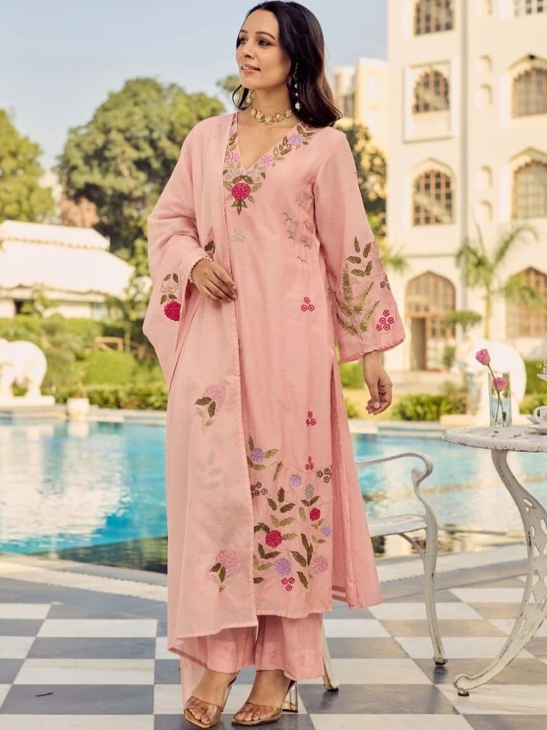 Zeavi Women Floral Embroidered Regular Thread Work Chanderi Silk Kurta with Trousers & With Dupatta - view 1