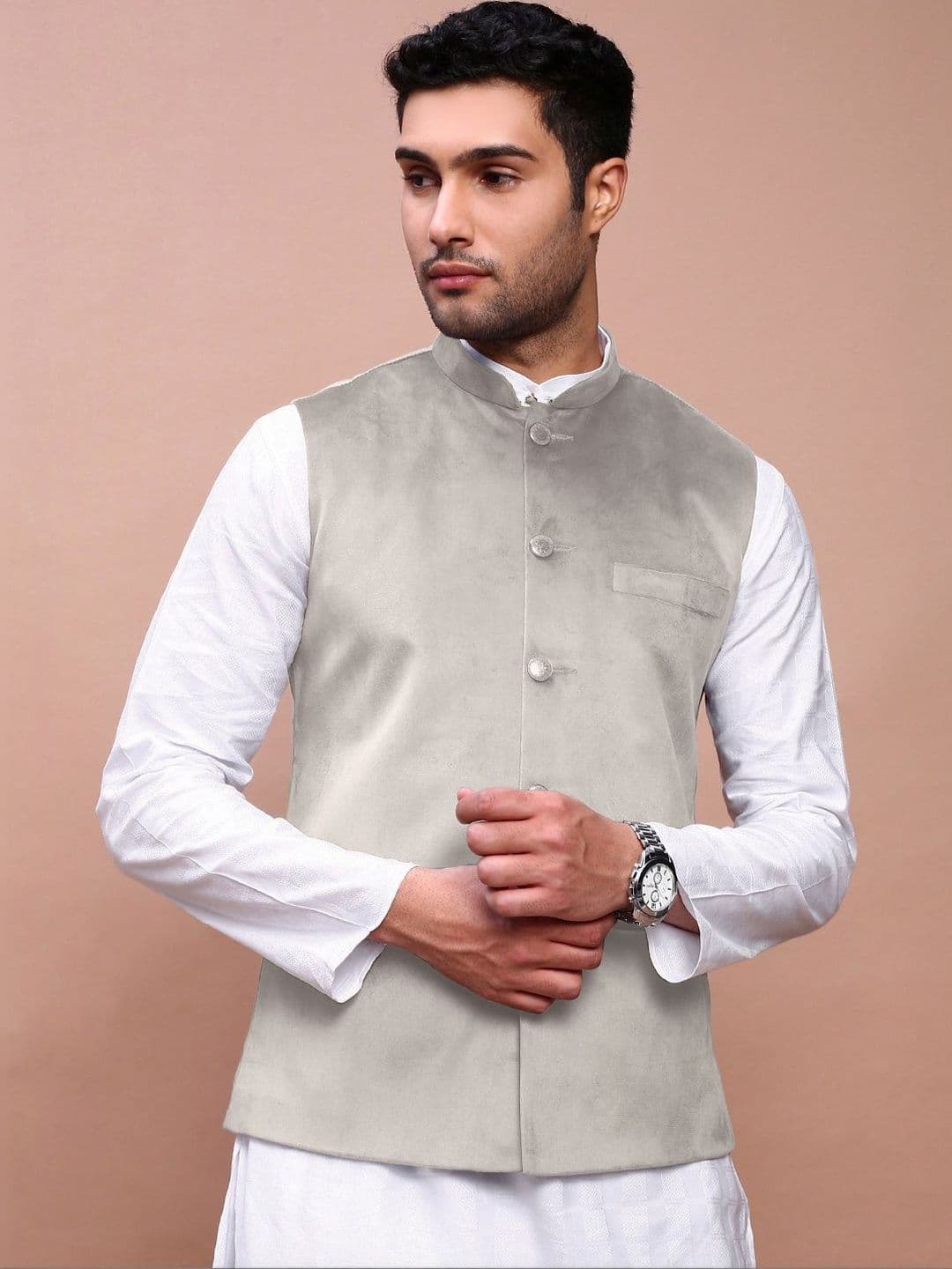 SHOWOFFFF Velvet Mandarin Collar Nehru Jacket - view 1