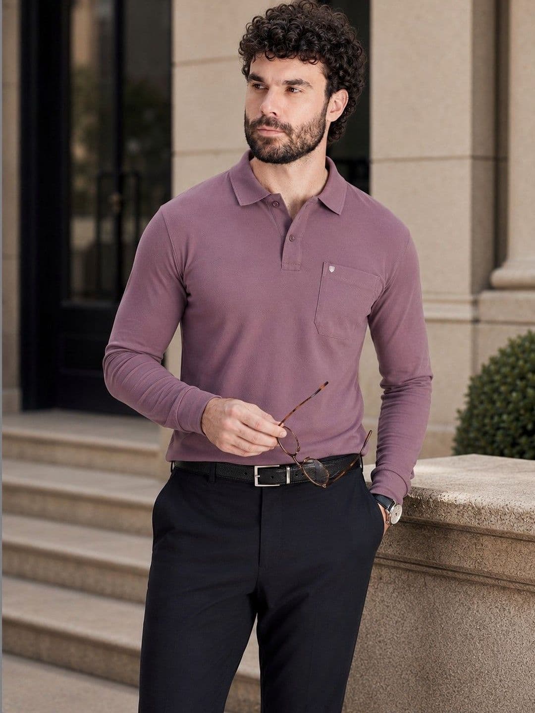 PRORIDERS Men Solid Purple Regular Fit Full Sleeve Polo T-shirt - view 1