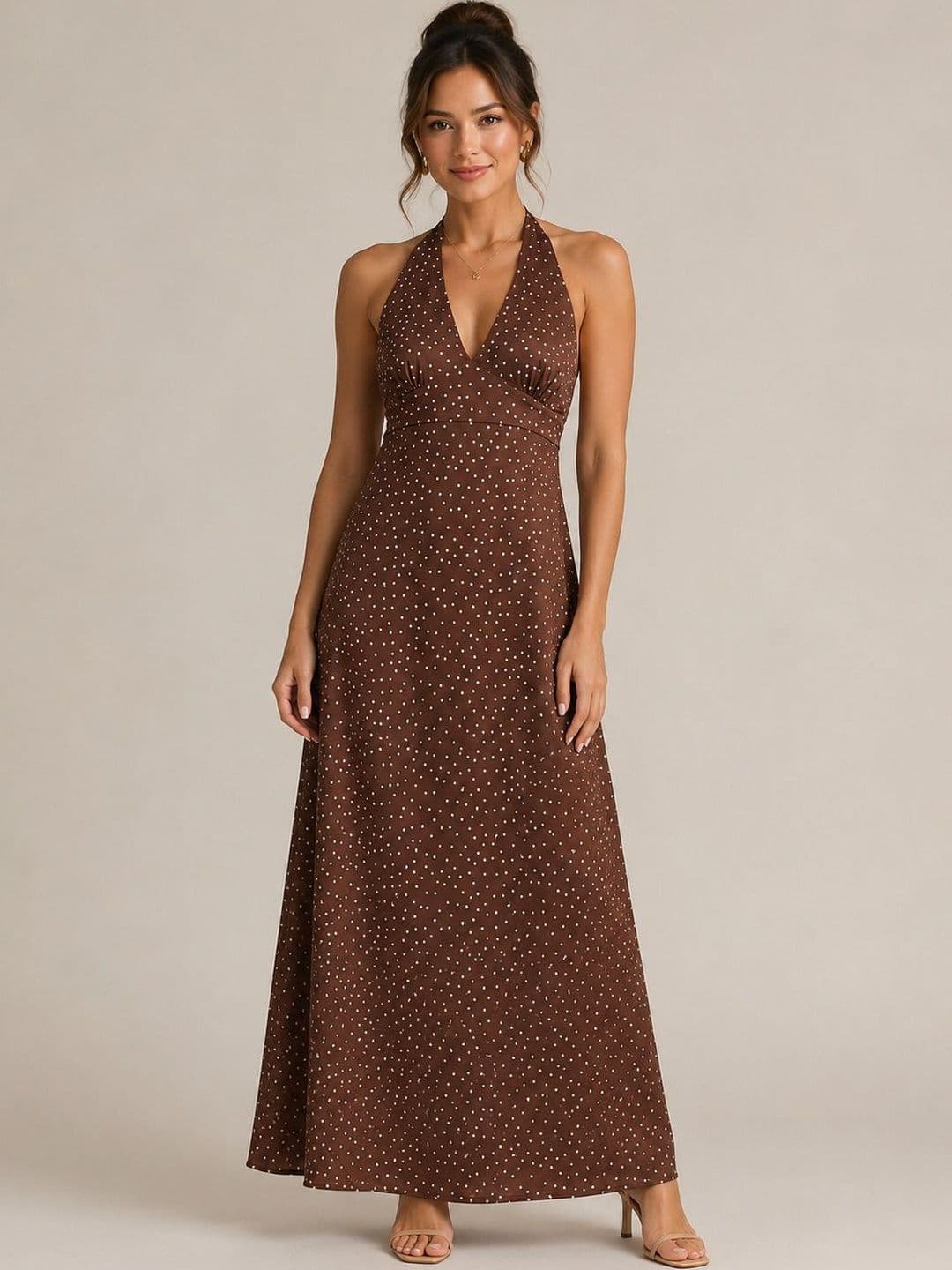 HERE&NOW Polka Dot Print Halter Neck Satin Maxi Dress - view 1