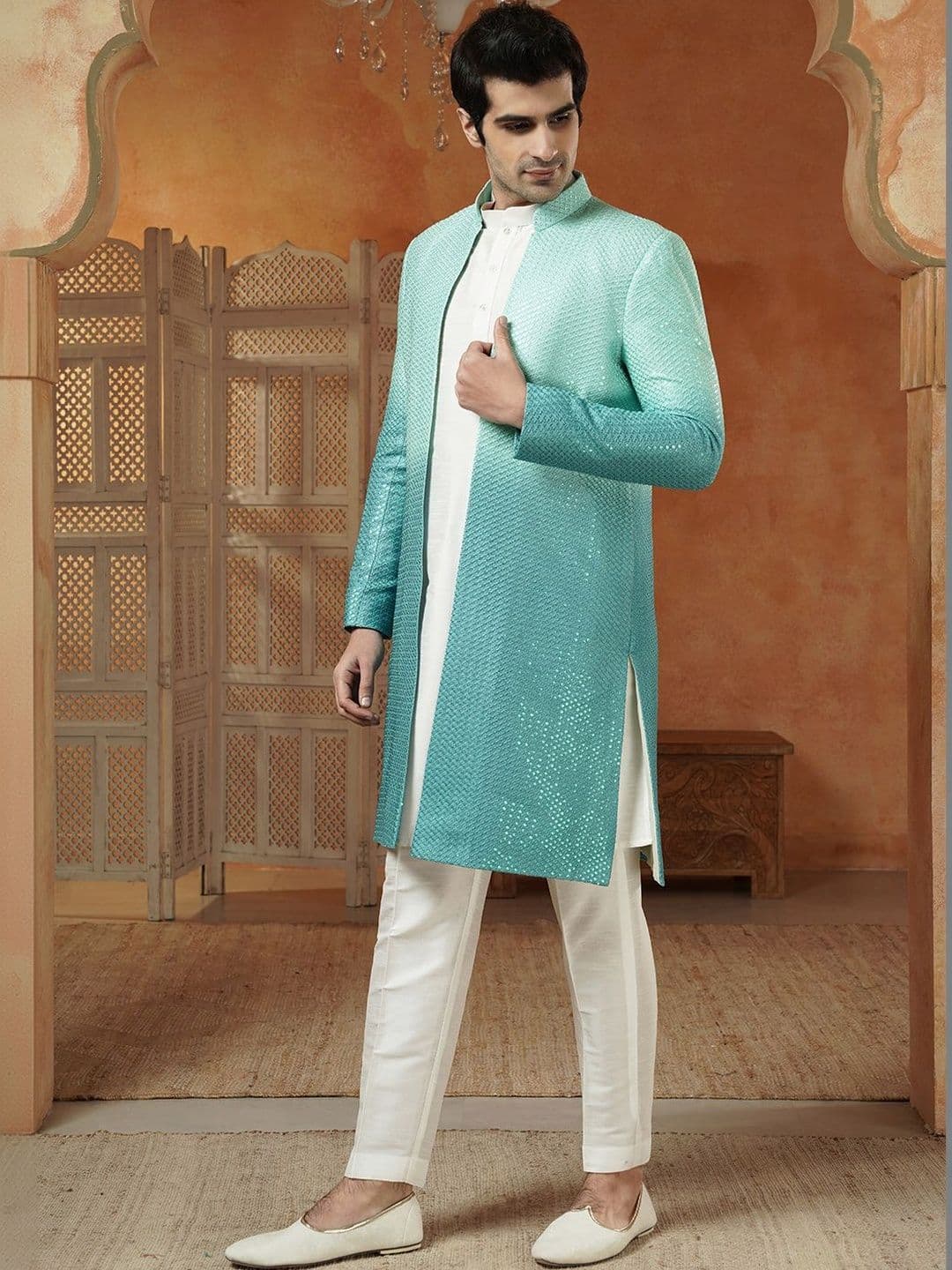 Utsav Fashion Embroidered Mandarin Collar Neck Sherwani Set - view 1