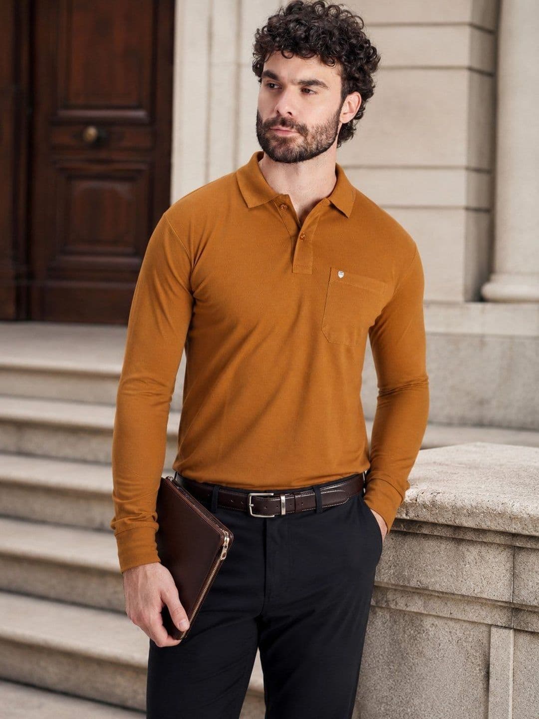 PRORIDERS Men Solid Brown Regular Fit Full Sleeve Polo T-shirt - view 1