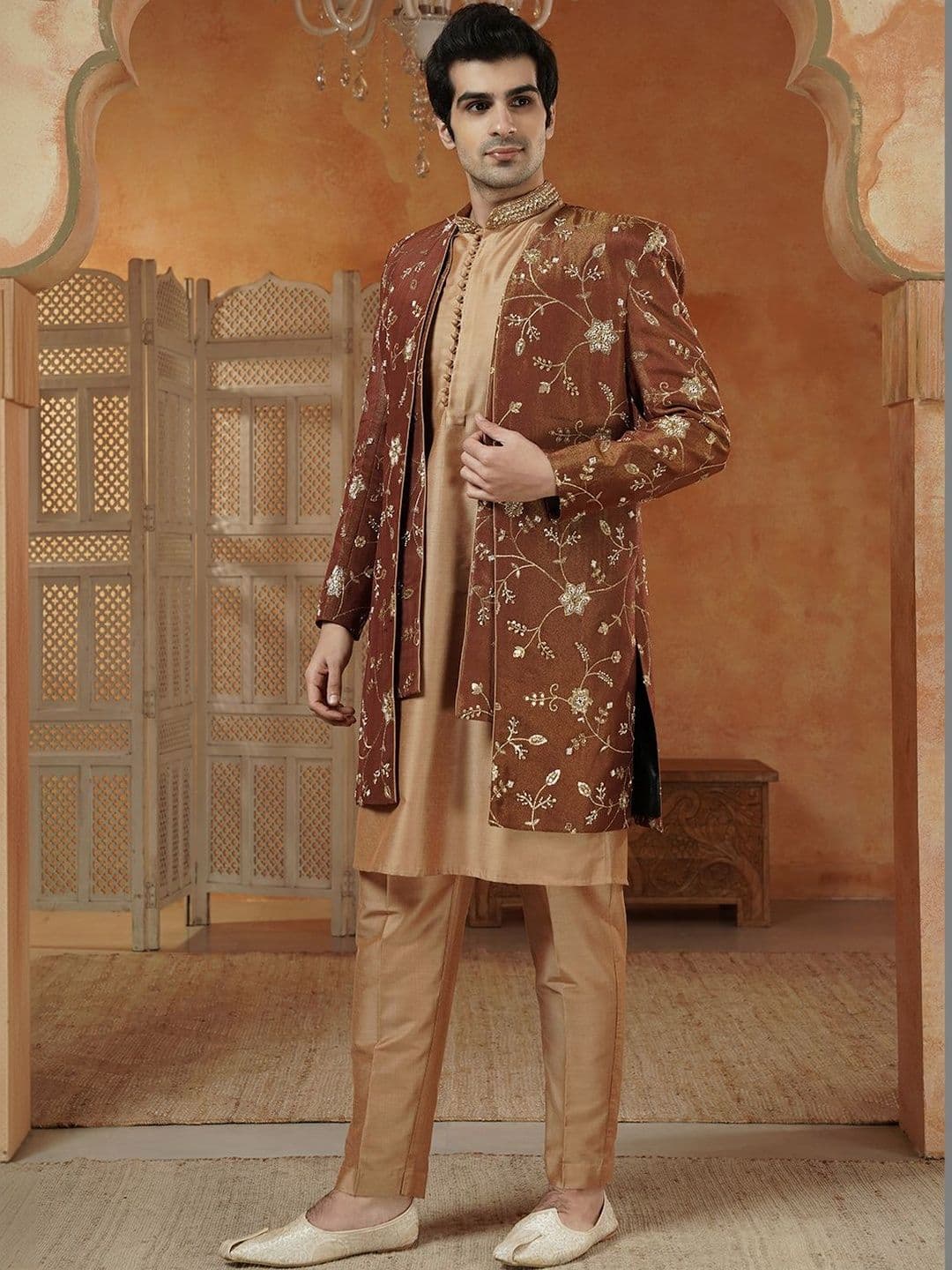 Utsav Fashion Embroidered Mandarin Collar Neck Sherwani Set - view 1