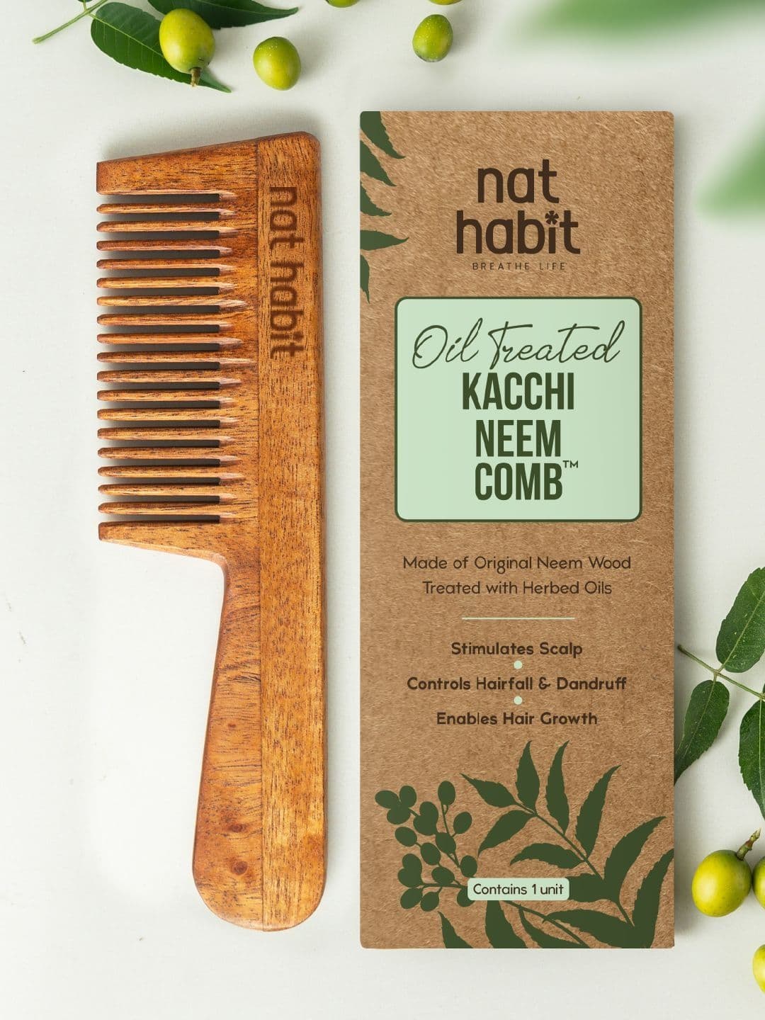 Nat Habit Kacchi Neem Fine Wooden Tooth Comb - Soaked in 17 Herbs & Oils for Hair Growth - view 1