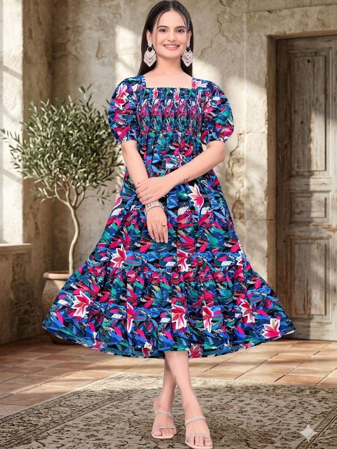 MANDIV FASHION Floral Print Puff Sleeve Crepe A-Line Midi Dress - view 1