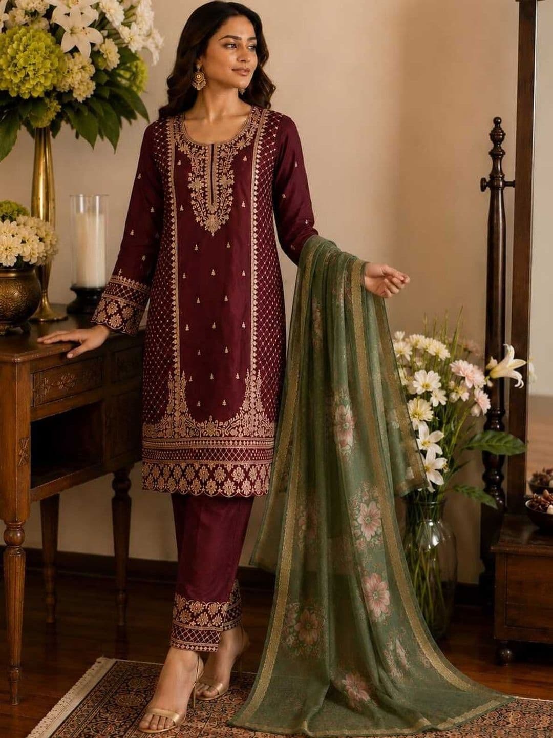 Crazy Needle Women Ethnic Motifs Embroidered Regular Thread Work Kurta with Trousers & With Dupatta - view 1