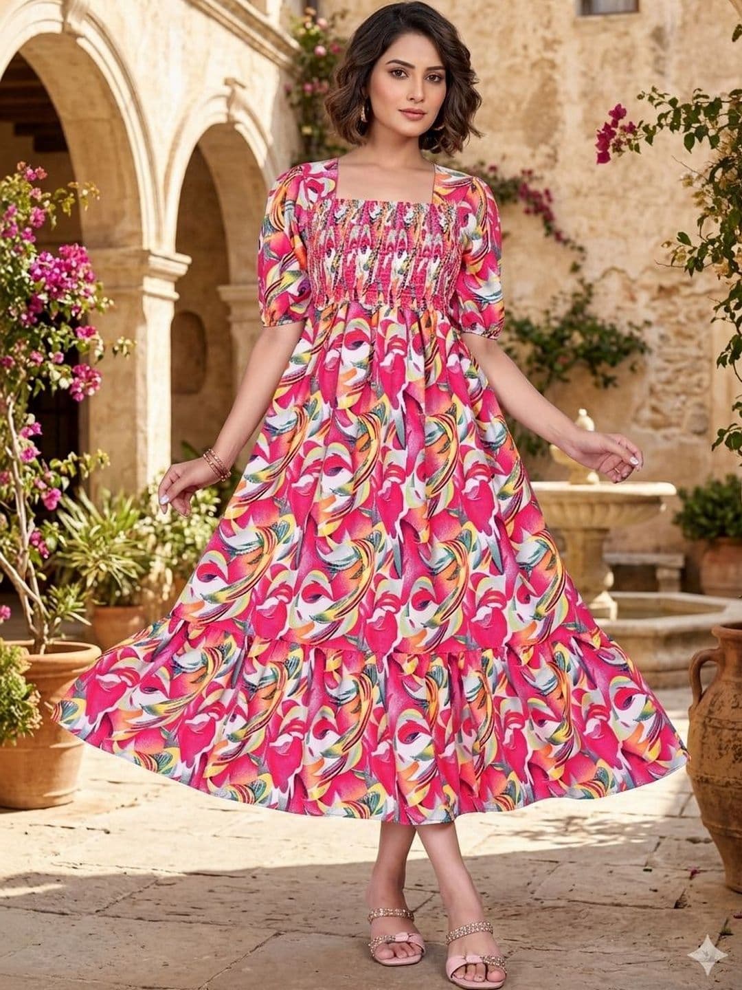 MANDIV FASHION Print Puff Sleeve Crepe A-Line Midi Dress - view 1