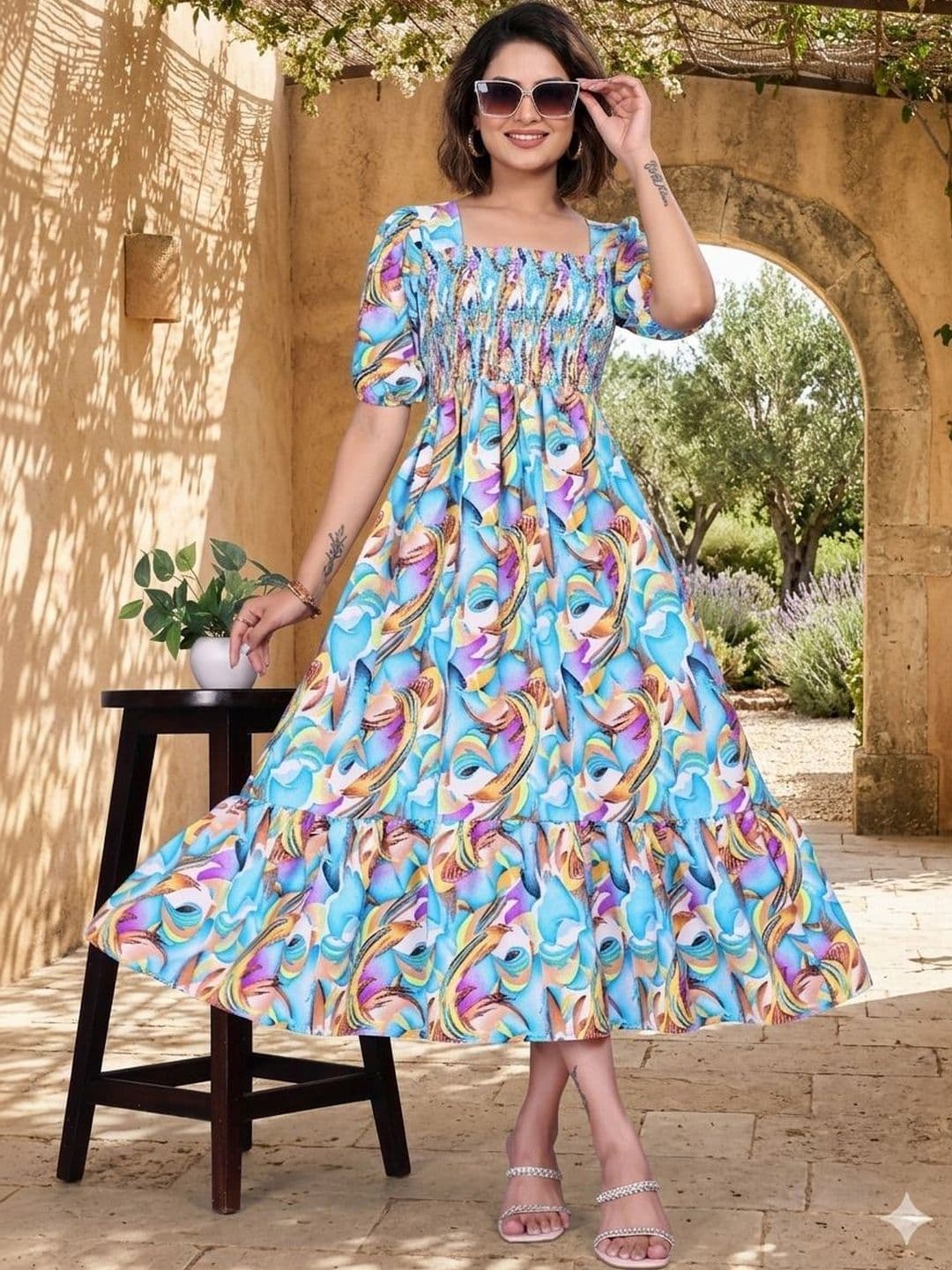 MANDIV FASHION Pack Of 2 Print Puff Sleeve Fit & Flare Midi Dress - view 1