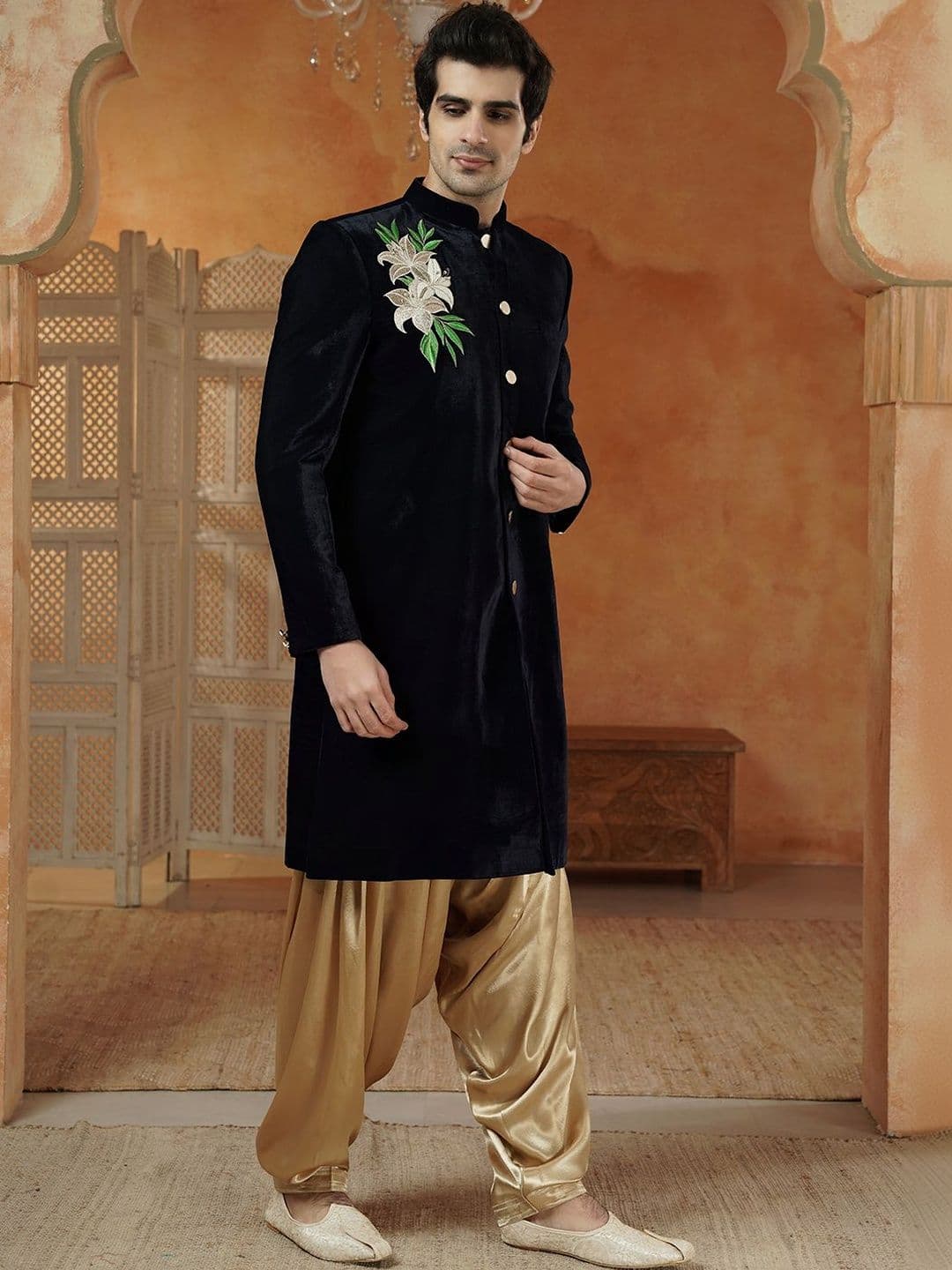 Utsav Fashion Embroidered Velvet Sherwani Set - view 1
