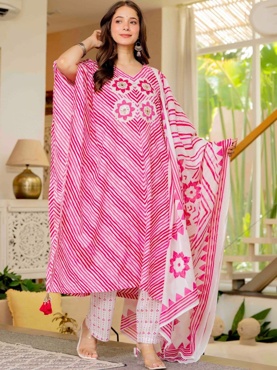JAIPUR SARAI Women Leheriya Dyed Regular Thread Work Pure Cotton Kurta with Trousers & With Dupatta - view 1
