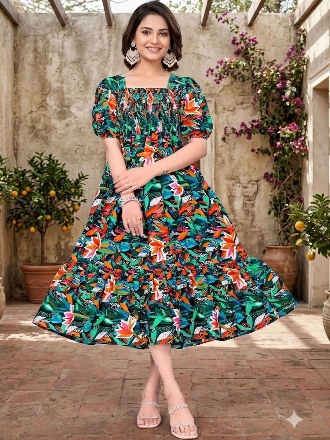 MANDIV FASHION Floral Print Puff Sleeve Crepe A-Line Midi Dress - view 1