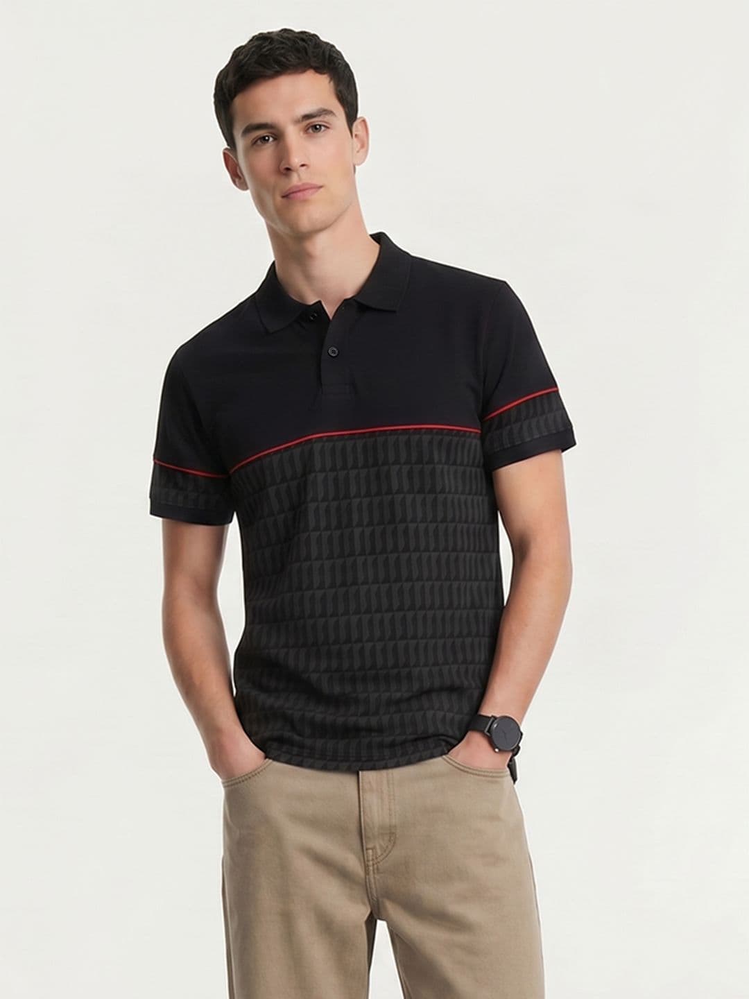 Mast & Harbour Polo Collar Geometric Printed Pure Cotton T-shirt - view 1