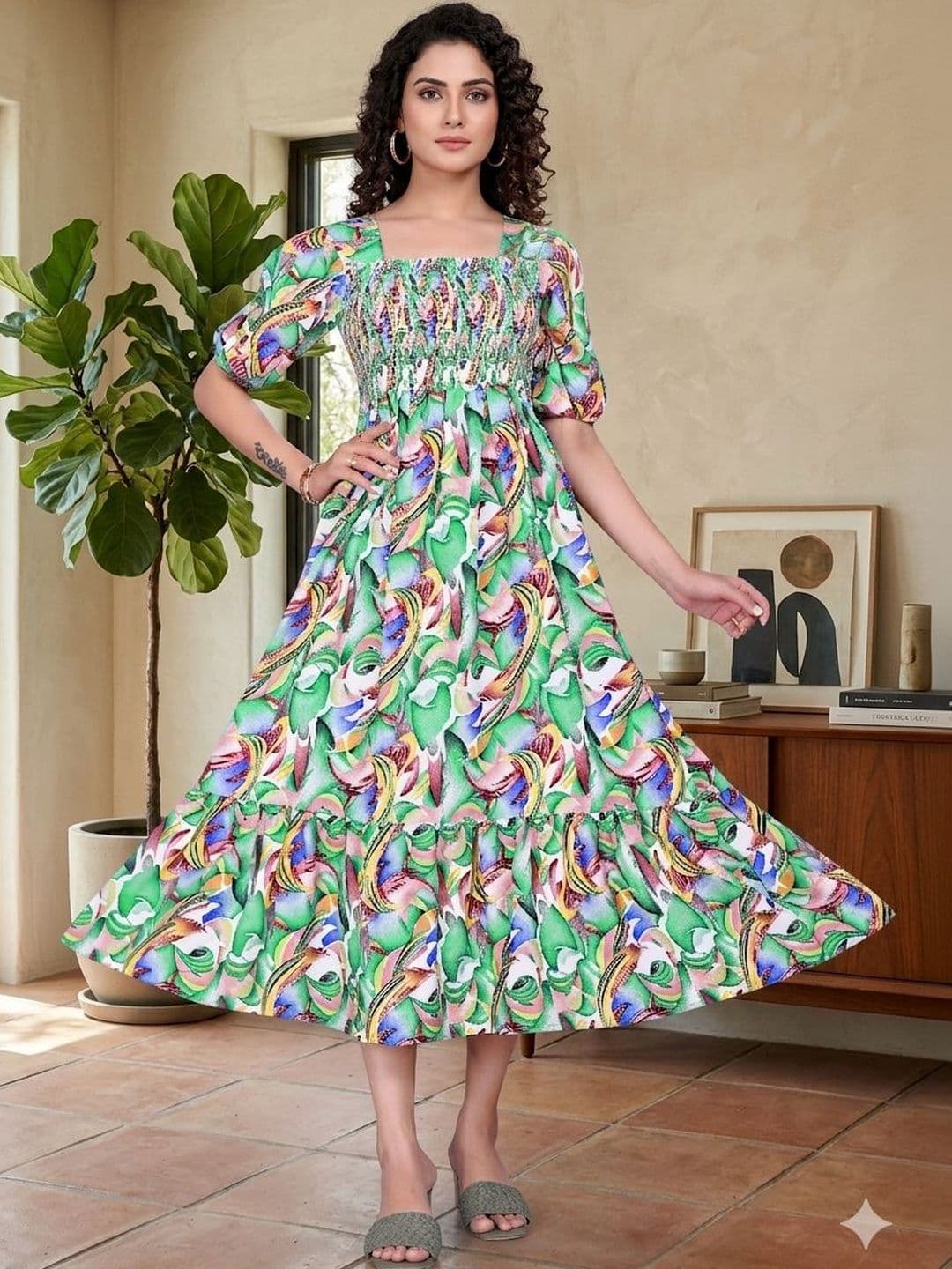 MANDIV FASHION Print Puff Sleeve Crepe A-Line Midi Dress - view 1