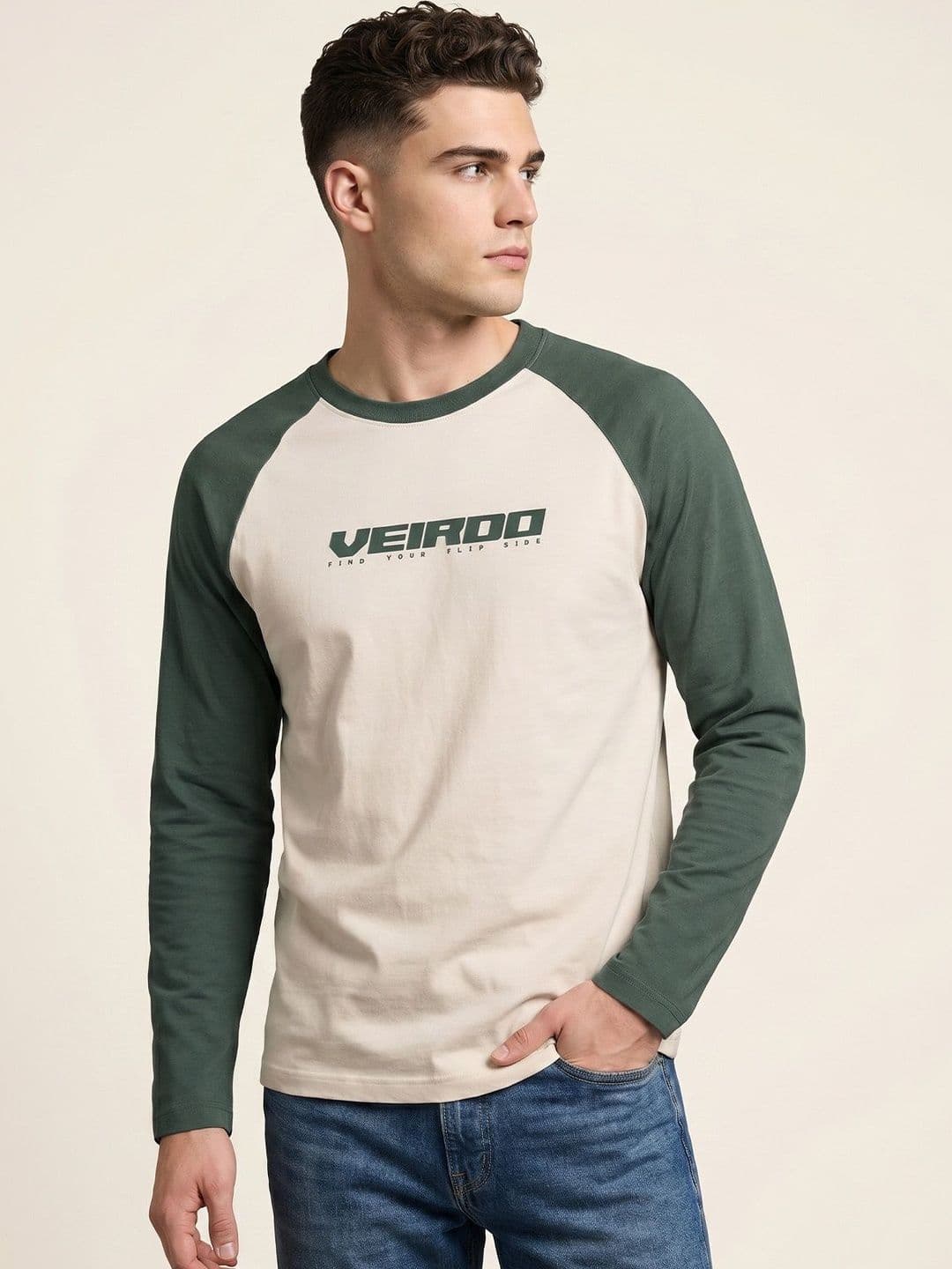 VEIRDO Men Colourblocked Henley Neck Drop-Shoulder Sleeves Pure Cotton Applique T-shirt - view 1