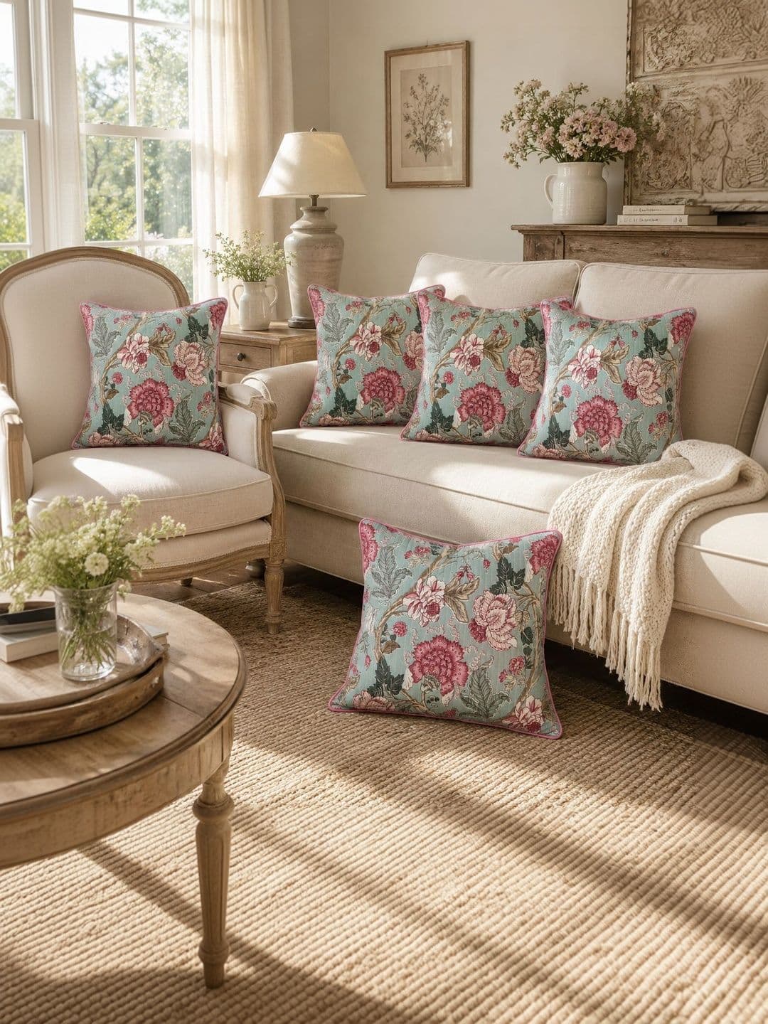 Clasiko Pink & Blue Set of 5 Floral Cotton Square Cushion Covers - view 1