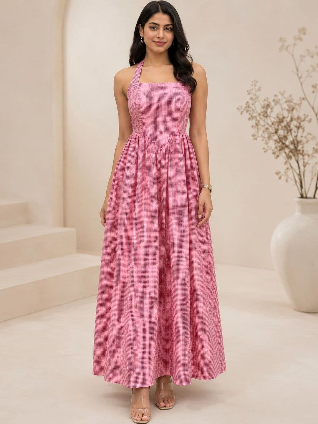 SHEETAL Associates Checked Halter Neck Crepe Maxi Dress - view 1