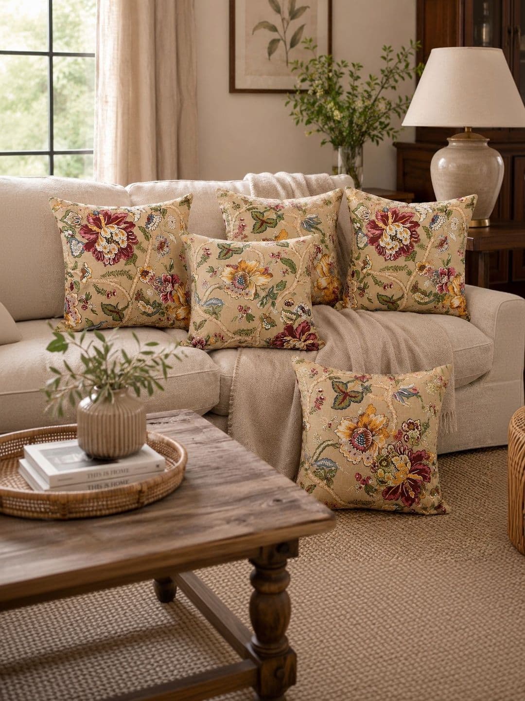 Clasiko Cream Floral Cotton Lightweight 5 Pcs Square Cushion Covers - 20 x 20 In - view 1