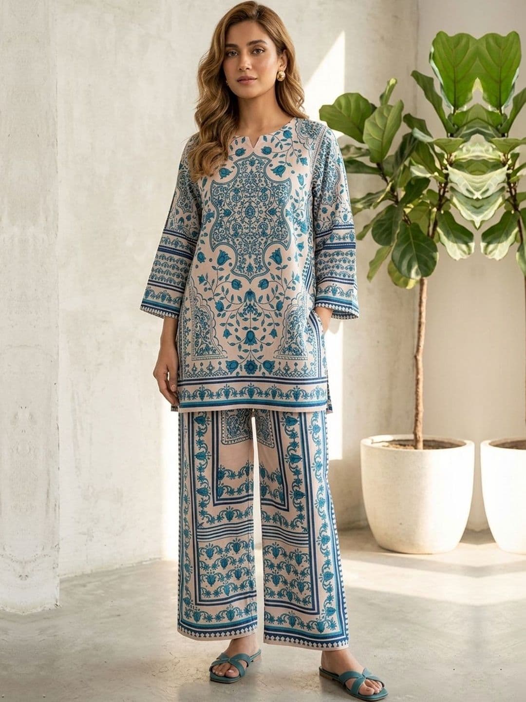 OOJAL Bohemian Printed Tunic with Palazzos - view 1