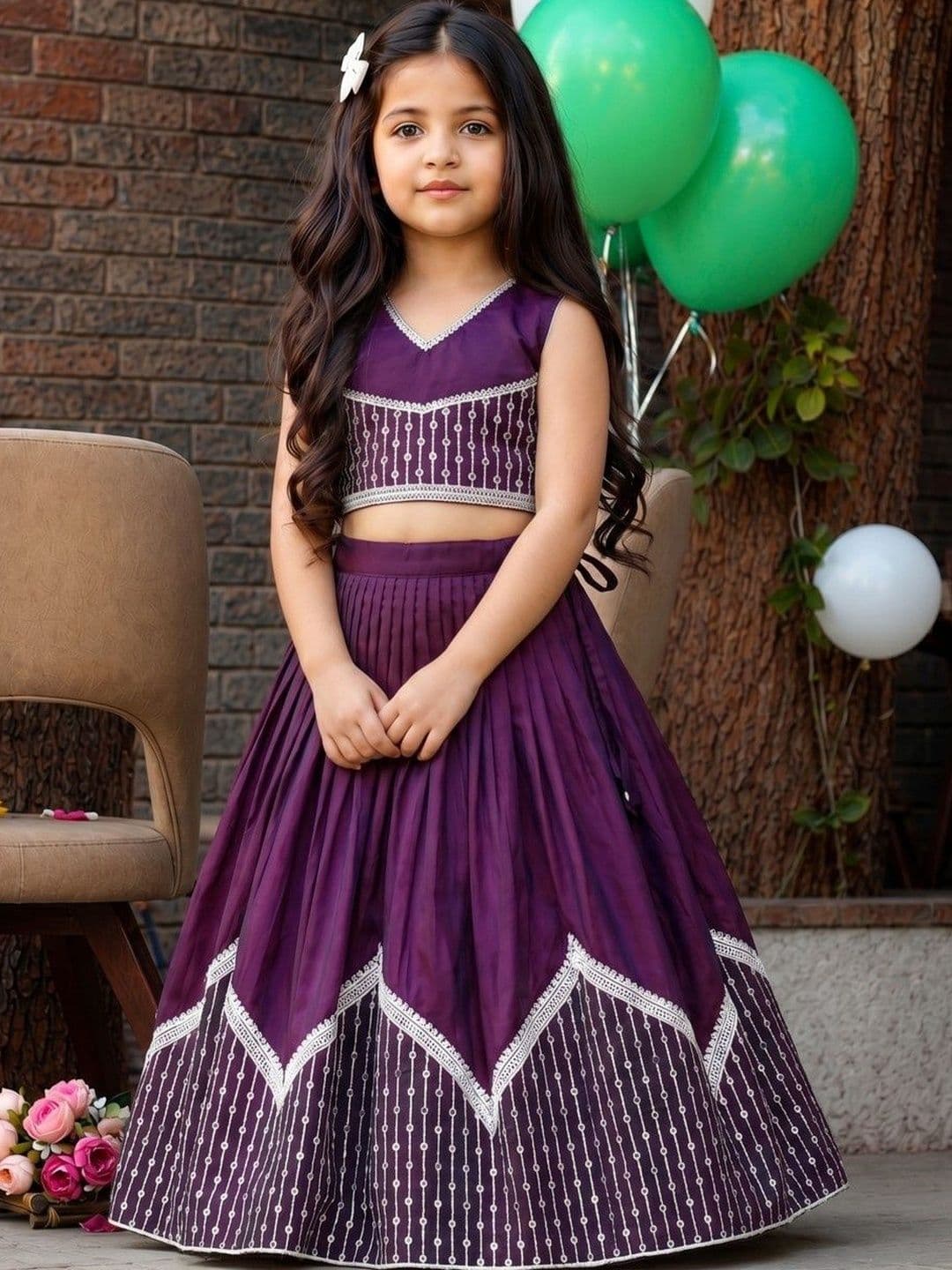 Sangria Girls Embroidered Thread Work Ready to Wear Lehenga & Blouse With Dupatta - view 1