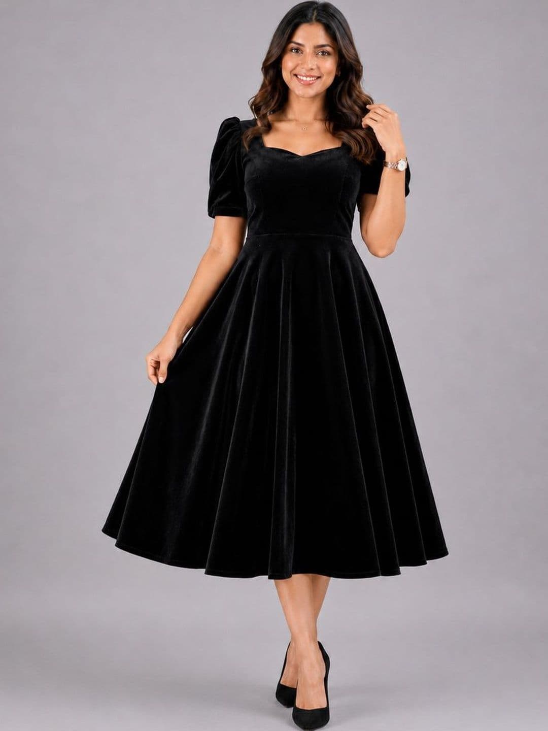Aumira Puff Sleeve Velvet A-Line Midi Dress - view 1