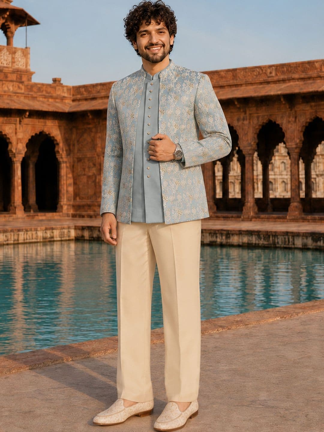 VASTRAMAY Men Aqua Embroidered Front Open Jacket with Semi Jacket & Wide Leg Trouser - view 1