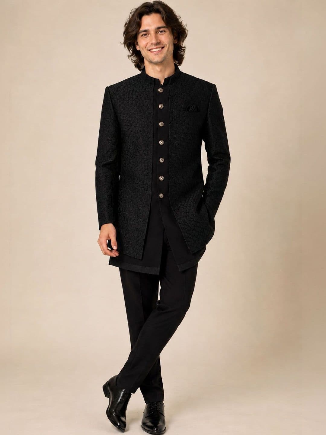 House of Pataudi Men's Black Self-Textured Layered Indo-Western Sherwani with Kurta & Trousers - view 1