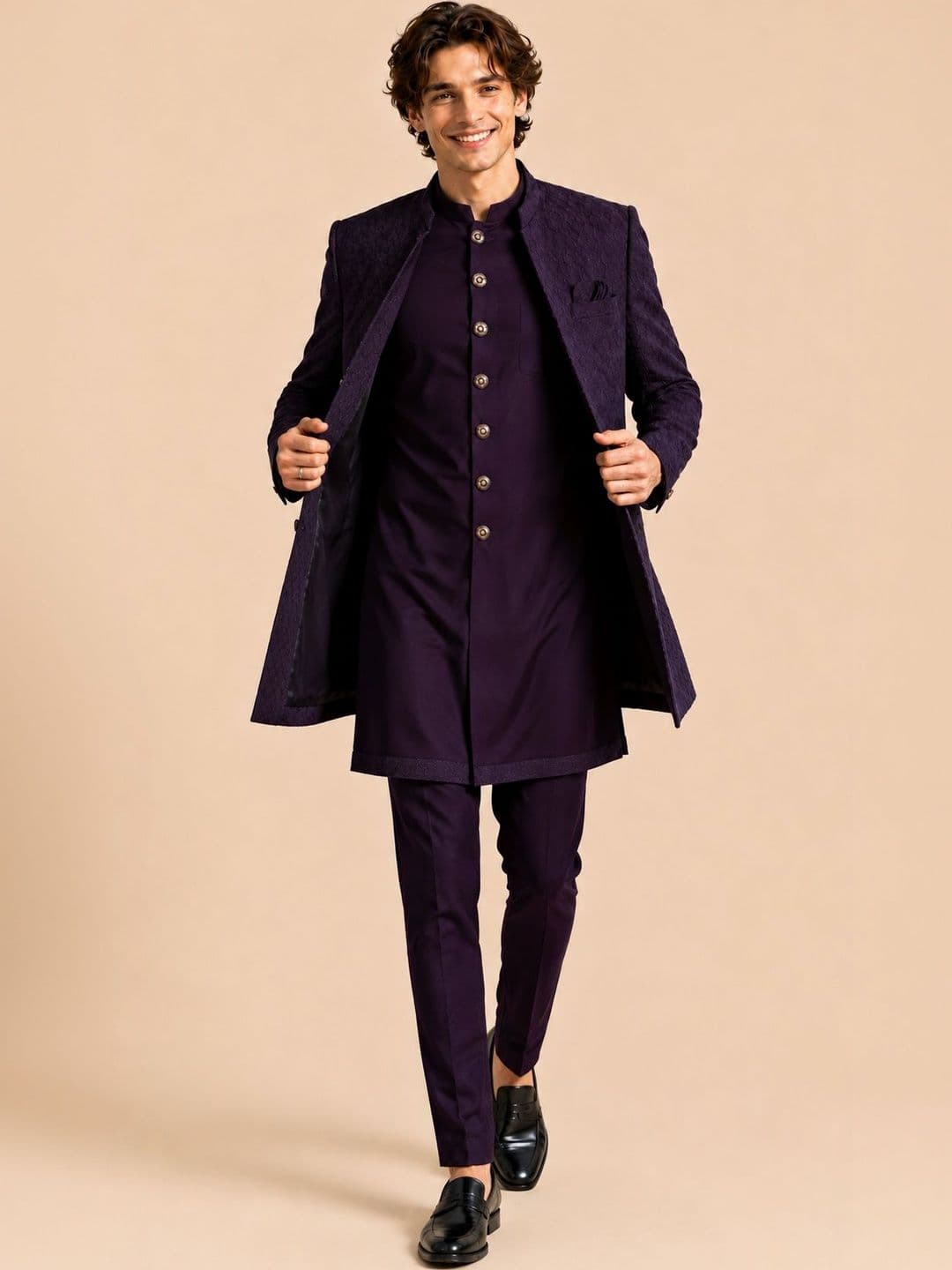 House of Pataudi Men Deep Purple Self-Textured Layered Indo-Western Sherwani - view 1