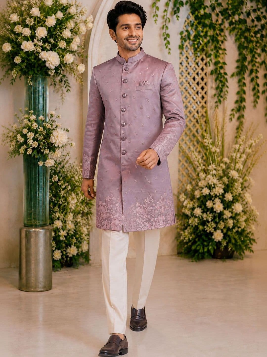 House of Pataudi Dusty Mauve Floral Jacquard Nawabi Style Indo Western Wedding Sherwani - view 1