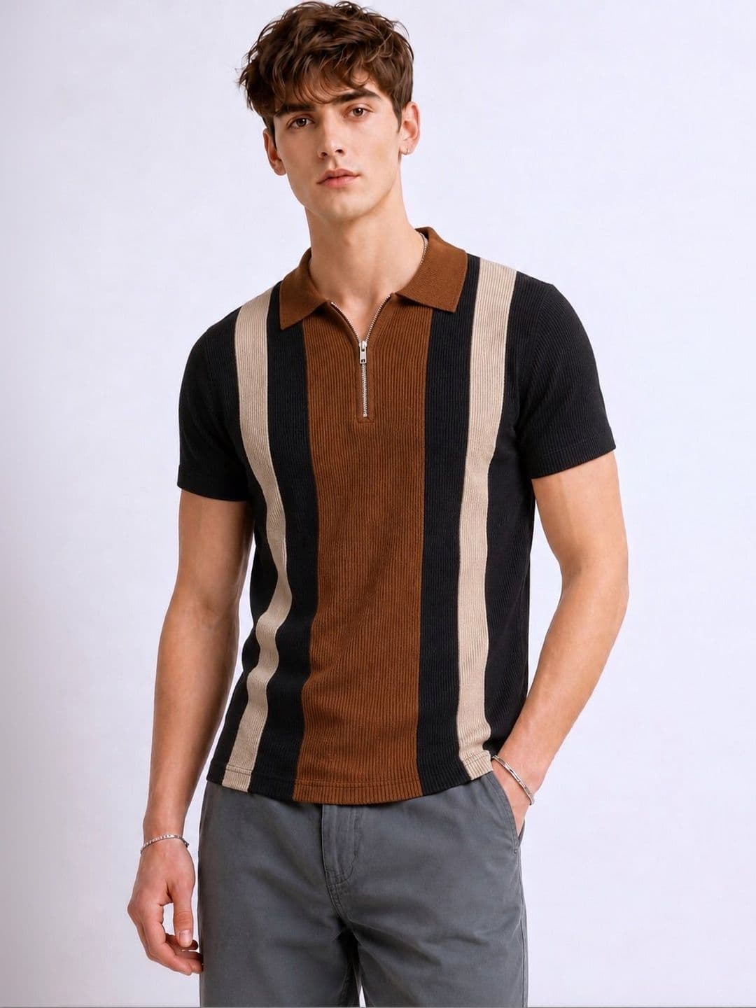 Try This Men Striped Polo Collar T-shirt - view 1
